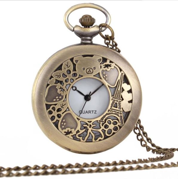 

pocket watches 10pcs in classically charm engrave hollow out birds bear girls white dail quartz watch necklace party gift, Slivery;golden