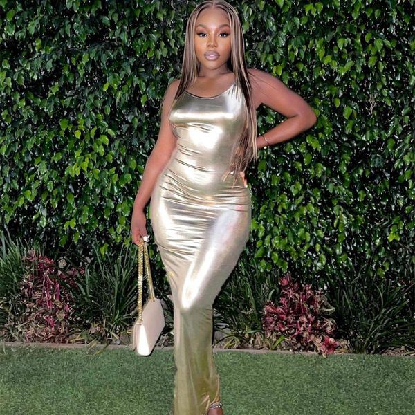 

casual dresses 2021 autumn product halter strap metallic pu leather dress women, Black;gray