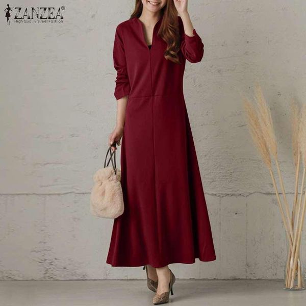

casual dresses womens autumn long maxi dress elegant party v neck vestidos office solid kaftan zanzea fashion back zipper robe femme oversiz, Black;gray