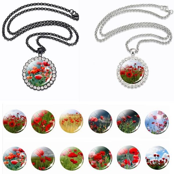

pendant necklaces exquisite rhinestone poppy flower necklace glass dome jewelry fashion men women accessories gifts, Silver