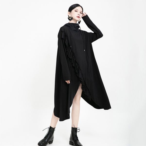 

hoodie black patchwork ruffle sweatshirt for women hooded collar long sleeve casual sweatshirts female fashion