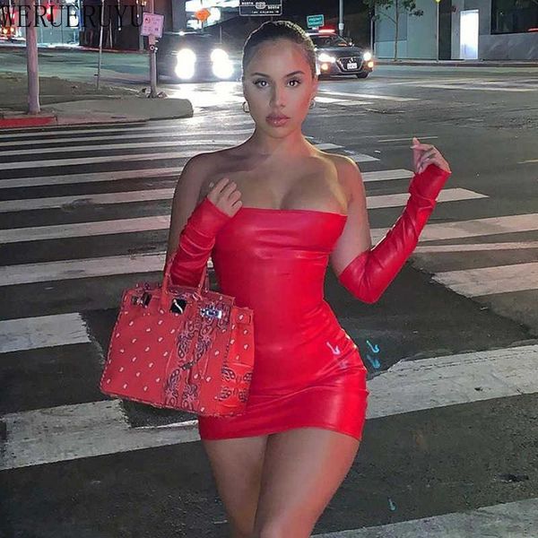 

werueruyu faux pu leather with gloves party dress women backless clubwear skinny slim solid fashion mini dresses 210608, Black;gray