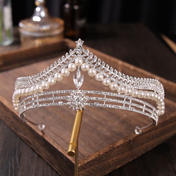 

baroque crystal pearl bridal tiaras diana crown rhinestone pageant diadem bride headband wedding hair accessories tiara de noivadio chan con, Golden;white