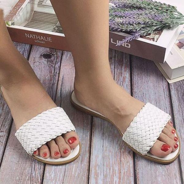 

round toe women slippers fashion weave leather flat slides white black summer open outdoor beach shoes woman flip flops