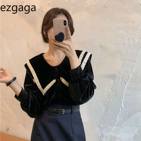 

ezgaga korean velour women blouse turn-down collar lace patchwork button vintage long sleeve sweet shirts loose casual blusas 210430, White