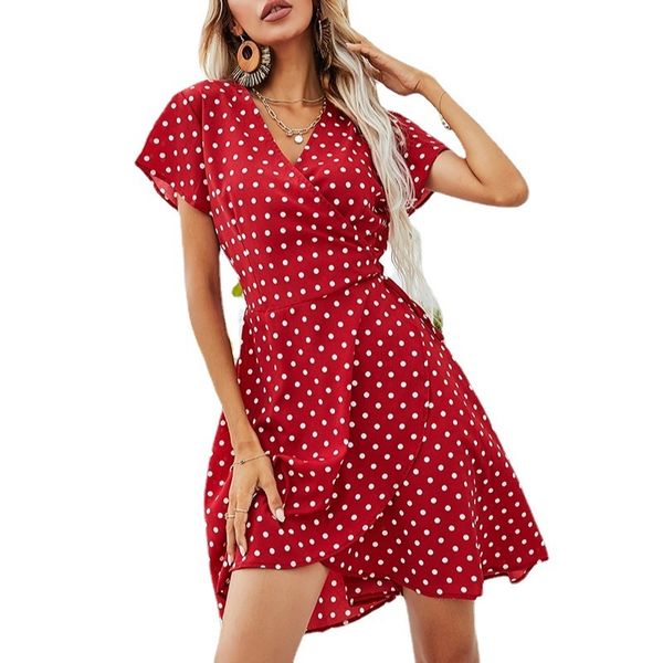 

charming dresses 2021 short sleeve polka dot belt irregular, Black;gray