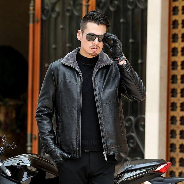

men's fur & faux big size 8xl 6xl leather jacket men coats 5xl brand pu outerwear business winter male fleece, Black