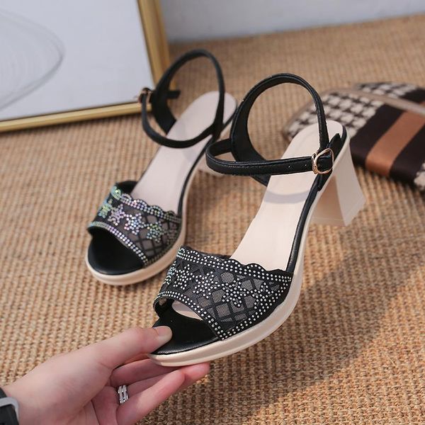 

sandals 2021 summer open toe buckle thick heel hollow high heels fashion women's shoes casual comfortable women adult, Black