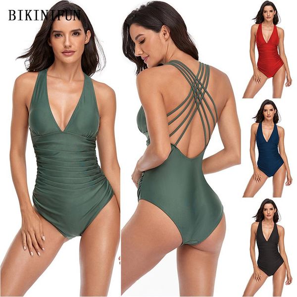 

multi strap cross back swimwear women solid color monokini deep v beachwear s-2xl girl plus size one piece swimsuit one-piece suits