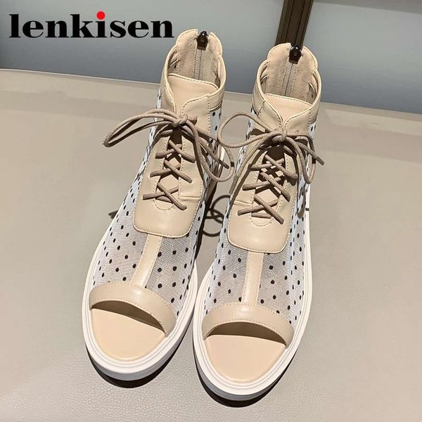 

boots lenkisen large size summer sunscreen breathable shoes women peep toe med heel air mesh beauty lady dating cozy l05, Black