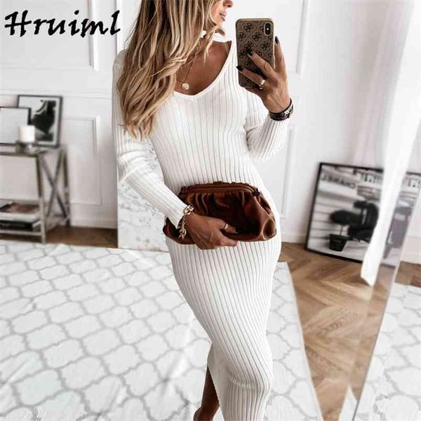 

elegant knitted bodycon dress autumn winter long sleeve v neck solid slim female maxi fashion ol es for women 210513, Black;gray