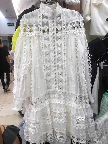 

casual dresses early autumn girl dignified hollow beaded shirt dress slim-fit long sleeve hip skirt fashion white knee-length, Black;gray