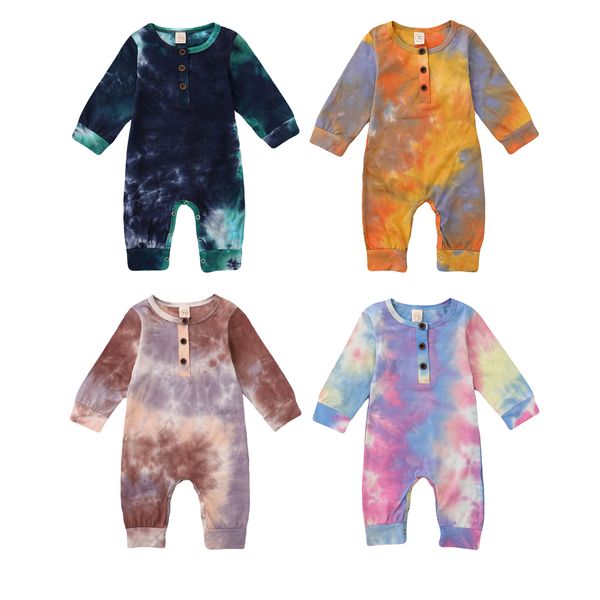 

0-18months newborn infant baby boy girl button rompers long sleeve tie dye print one piece jumpsuit fall warm clothes, White