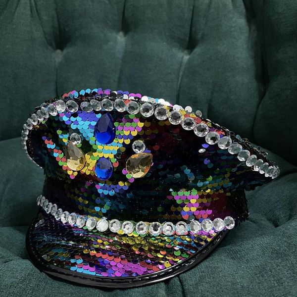 

berets women military style captains hat sequin burning sergeant rhinestone rave festival bachelorette part, Blue;gray