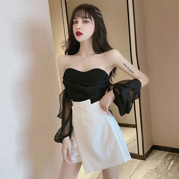 

summer chain off shoulder bra chiffon sling + high waist irregular suit shorts skirt suit, Black;white