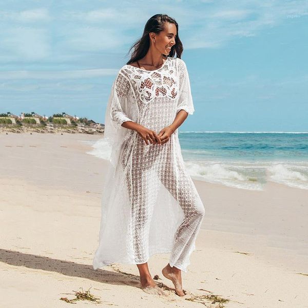 

women's swimwear white beach coverups for women dress 2021 pullover irregular knitted hollow lace sunscreen vacation bikini blouse, White;black
