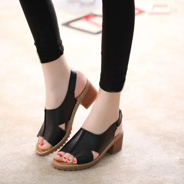 

sandals summer women's peep toe pu leather chunky heels slingbacks woman non slip buckle strap casual female elegant ladies shoe, Black
