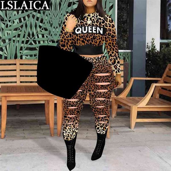 

two piece set women leopard letter printing elastic waist tracksuit casual fashion outfits for 210515, White