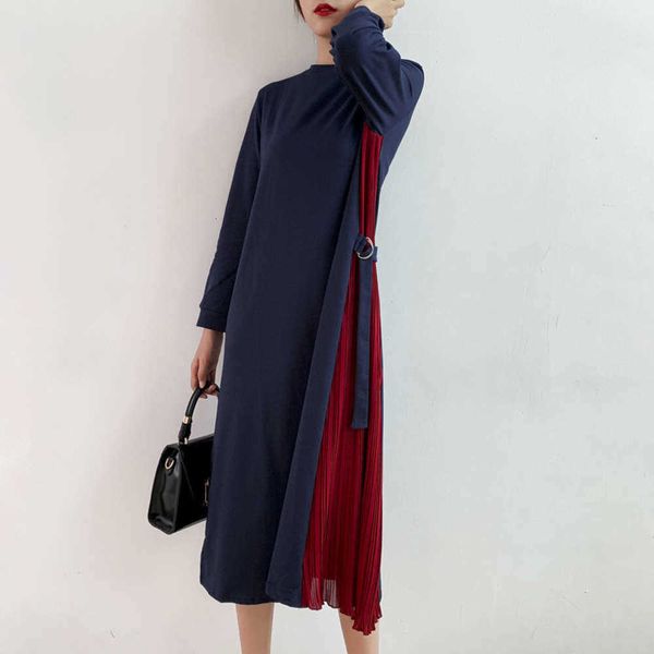 

dresses japane and casual korean 6-color round neck short sve stitching pleated lace up long drs, Black;gray