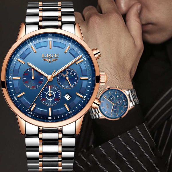

wristwatches lige mens watches stainless steel watch men fashion sport chronograph quartz wrist relogio masculino, Slivery;brown