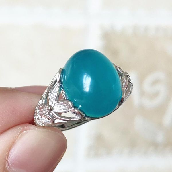 

cluster rings genuine natural green amazonite adjustable ring gemstone woman 14x11mm clear beads 925 sterling silver fashion stone, Golden;silver