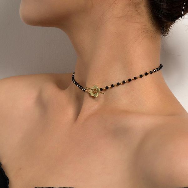 

chains fashion temperament black crystal glass clavicle chain simple oi buckle short flower necklace female necklaces for women, Silver