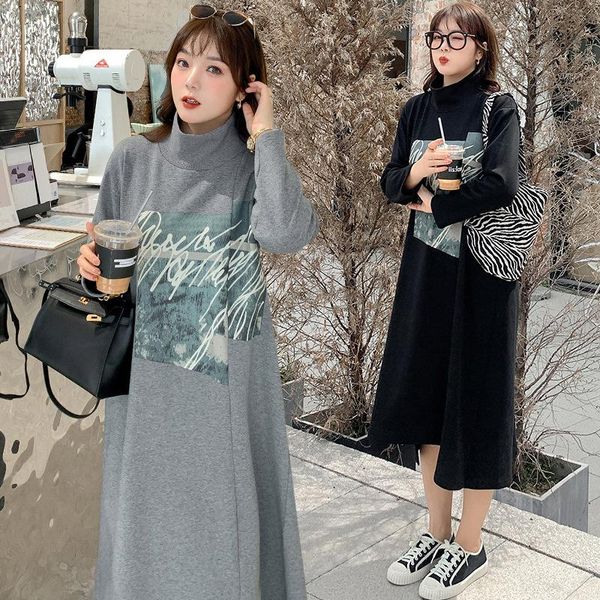 

women's spring turtleneck print plus velvet padded dress size calf length casual wear 100 kg can be worn dresses, Black;gray
