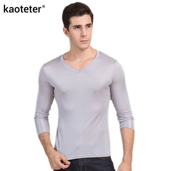 100% echte Seide Mann T-shirts Herbst Winter Volle Langarm V-ausschnitt Mann Wilde Schwarz Weiß Farbe Männliche Bodenbildung t-shirts Tops Y0323