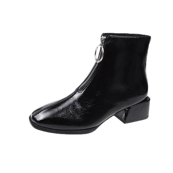 

boots vmti 2021 autumn and winter front zipper square toe short patent leather thick heel women's fashion, Black