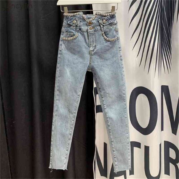 

women's jeans spring summer brim pants frizzy high waist harem cropped female fine-fitting denim pencils spodnie damskie o79p, Blue