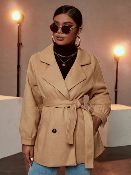 

sxy lapel neck raglan sleeve belted overcoat f5pk#, Black