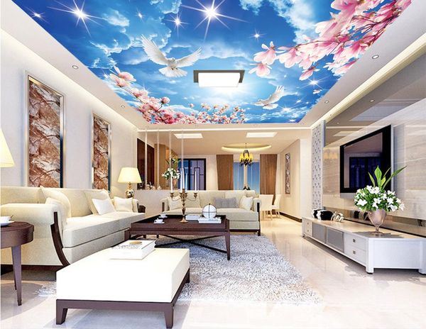 Semplice cielo blu nuvole bianche e fiori di pesca con soffitto a soffitto 3D soffitti 3D carta da parati stereoscopica 3D