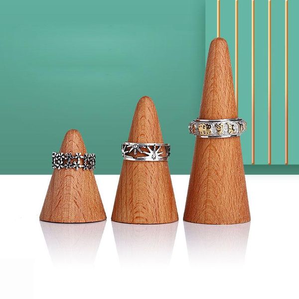 

jewelry pouches, bags vintage natural unpainted wood finger cone ring holder bague display stand organizer storage rack showcase for exhibit, Pink;blue