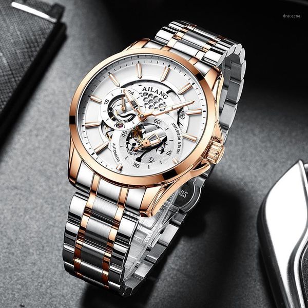 

men's watch fully automatic mechanical hollow stainless steel white dial luminous waterproof genuine 8629b wristwatches, Slivery;brown