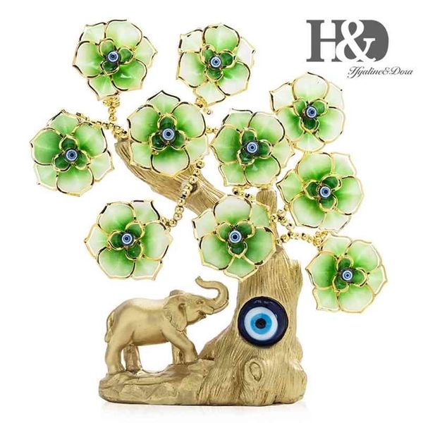 HD Green Flower Elephant Tree Turco Feng Shui Evil Eye per protezione Ricchezza Buona fortuna Regalo Home Decor Resina Figurine 210924