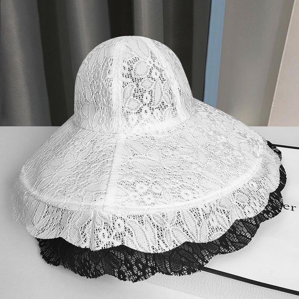 

wide brim hats hat summer women lace big foldable fisherman cap sunscreen cover sun protection sunshade korean sunhat female, Blue;gray