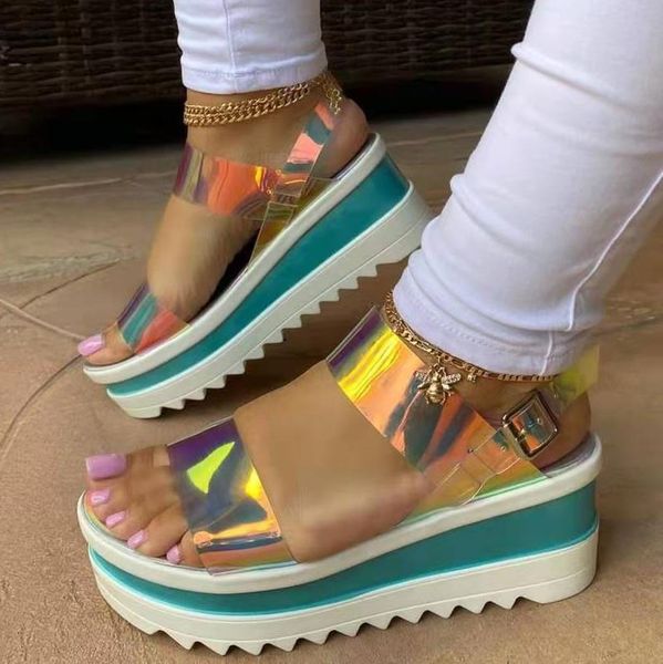 

sandals women transparent flat heel solid color buckle sandalias 2021 outdoor gladiator beach thick bottom female shoes, Black