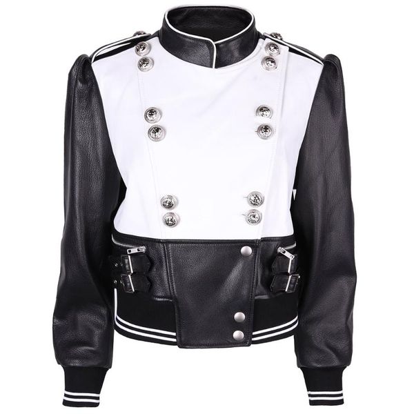 

women's leather & faux yoloagain women stand collar 2021 design genuine jacket coat, Black