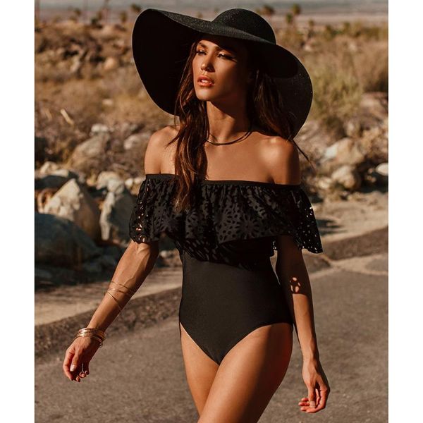 

one-piece suits 2021 off the shoulder solid swimwear women swimsuit female bathing suit ruffle monokini swim wear xl