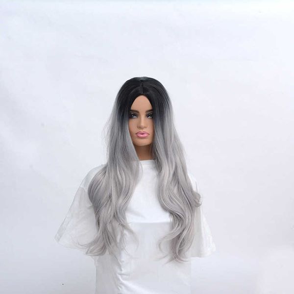 

wig dyeing black medium long curly hair chemical fiber grandma gray gradient wig