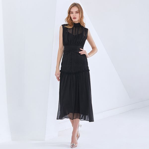 

dresses black temperament o neck sleeveless high waist ruched midi es female fashion summer stylish, Black;gray