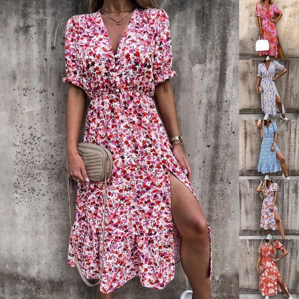 

women's swimwear women fashion short sleeve slit long dress summer slim button v neck party elegant gorgeous floral print a-line, White;black