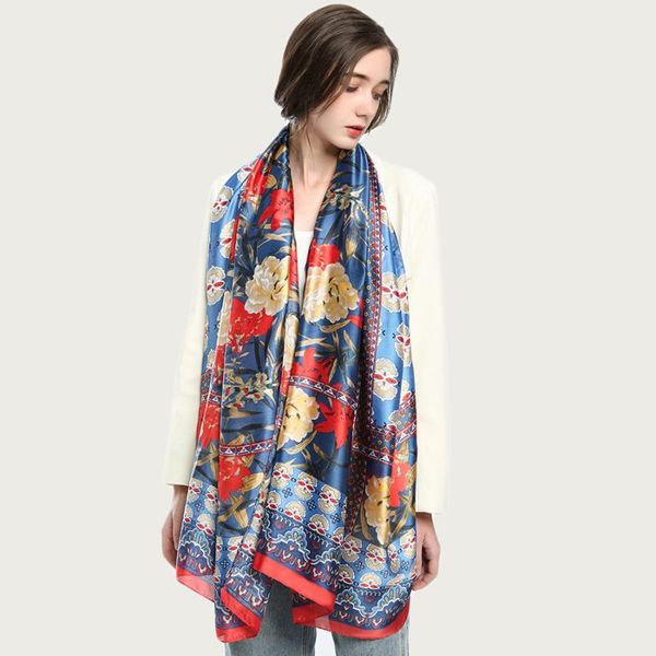 

scarves luxury floral silk shawl scarf bright pattern large hijab wrap stylish foulard design [5028], Blue;gray