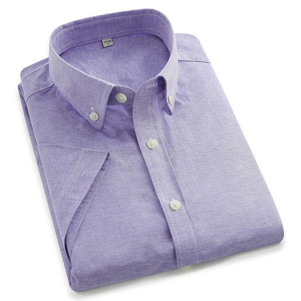 Camisa de manga curta de cor sólida cor forma formal blusa de blusa ocasional escritório semoteira estilo básico slim encaixe azul masculino roupas 210609