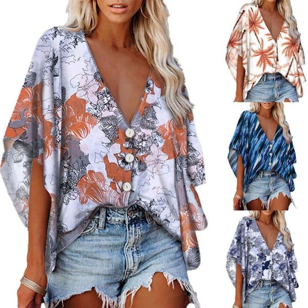 

women's t-shirt s summer shirt coconut tree print batwing sleeve women v neck buttons for office, White