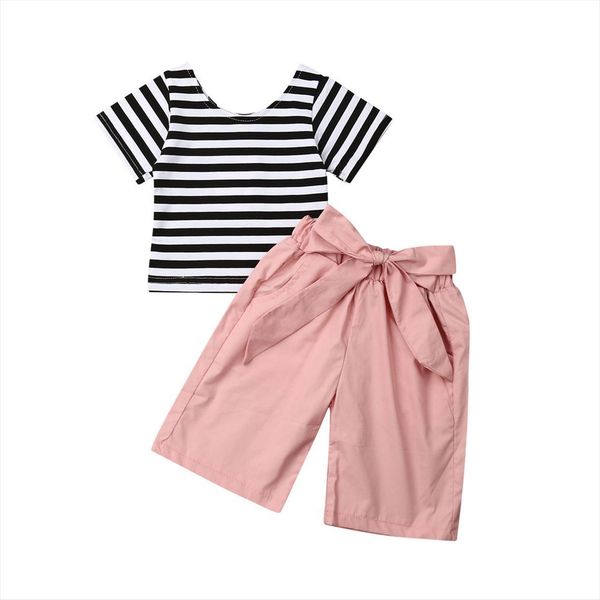 

sweet 2pcs summer toddler baby girl clothes sets short sleeve stripe t shirt pink pants outfit, White