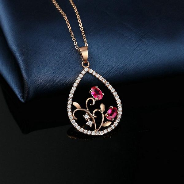 

chains retro temperament flower-shaped drop-shaped red tourmaline plated rose gold color treasure pendant female, Silver
