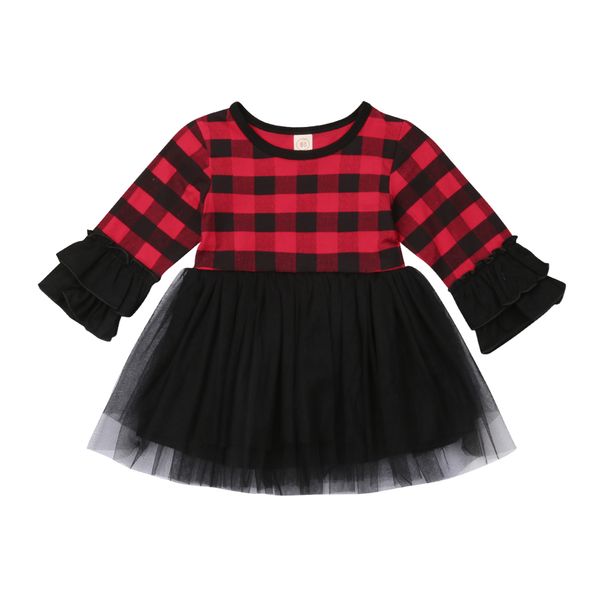 

christmas toddler kids baby girls cute dress plaid lace patchwork long sleeve knee-length tutu dress outfit 6m-5y, White