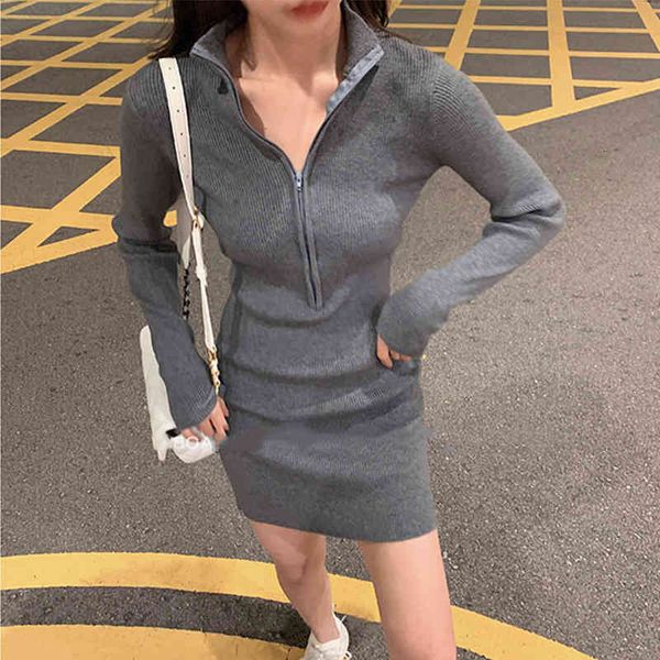 

autumn ladies knitted long sleeve thin streetwear casual short femme dress stretched out la8m, Black;gray
