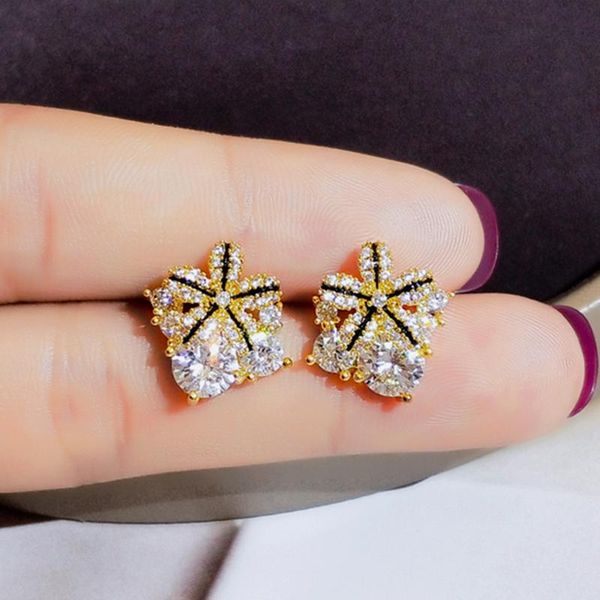 

stud trendy exquisite charming crystal flowers earrings for women jewelry bling zircon s925 needle party gift, Golden;silver